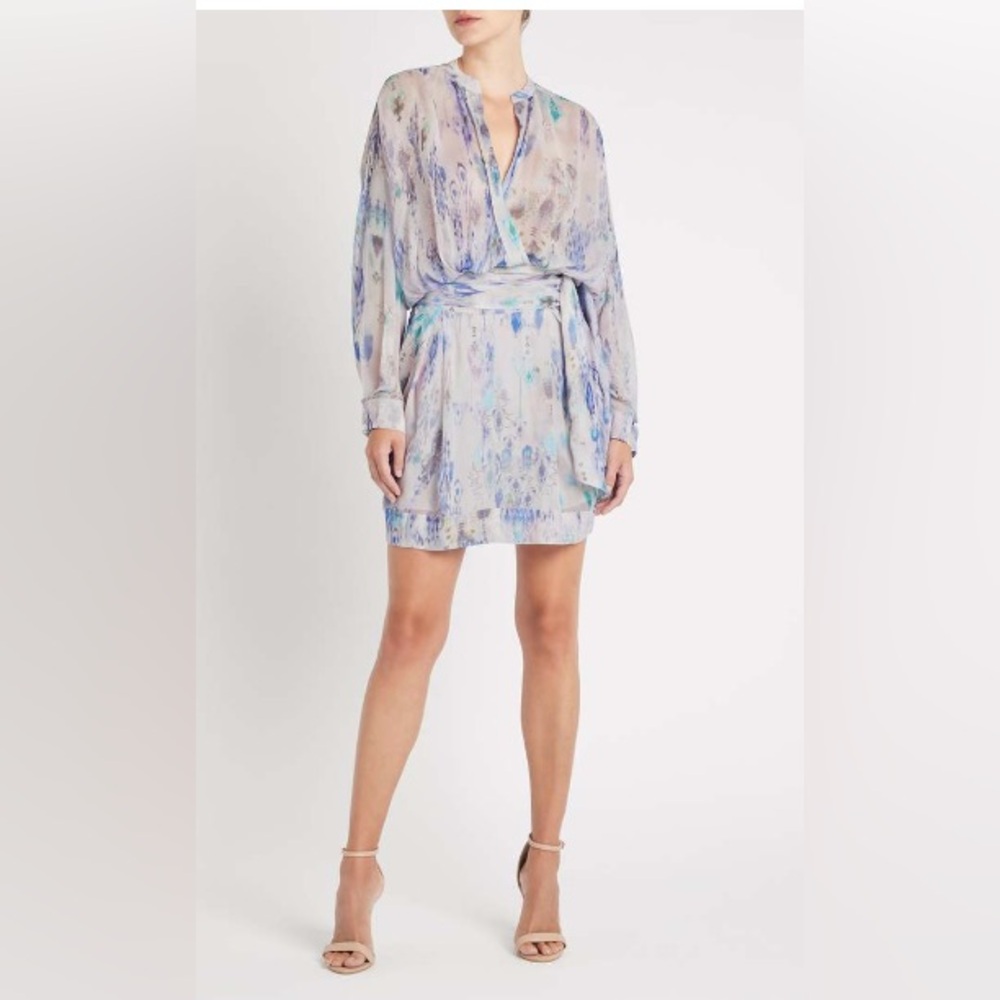 IRO Silk Wrap Mini Dress Blue Watercolor Print Long Sleeve Size 8